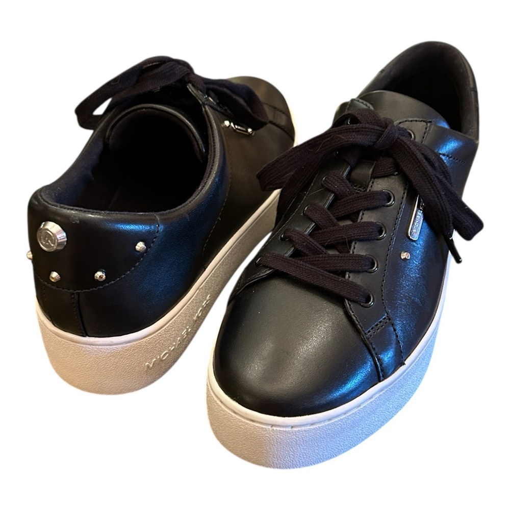 NWT Michael Kors Poppy Black Leather Sneakers with Silver Accents
